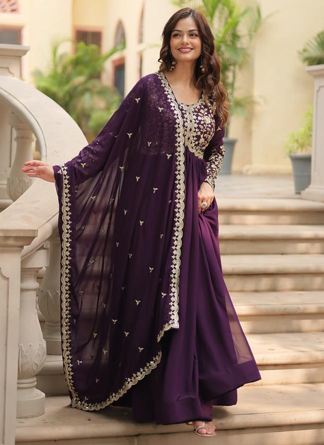 Georgette Wine Party Wear Embroidery Work Readymade Gown With Dupatta